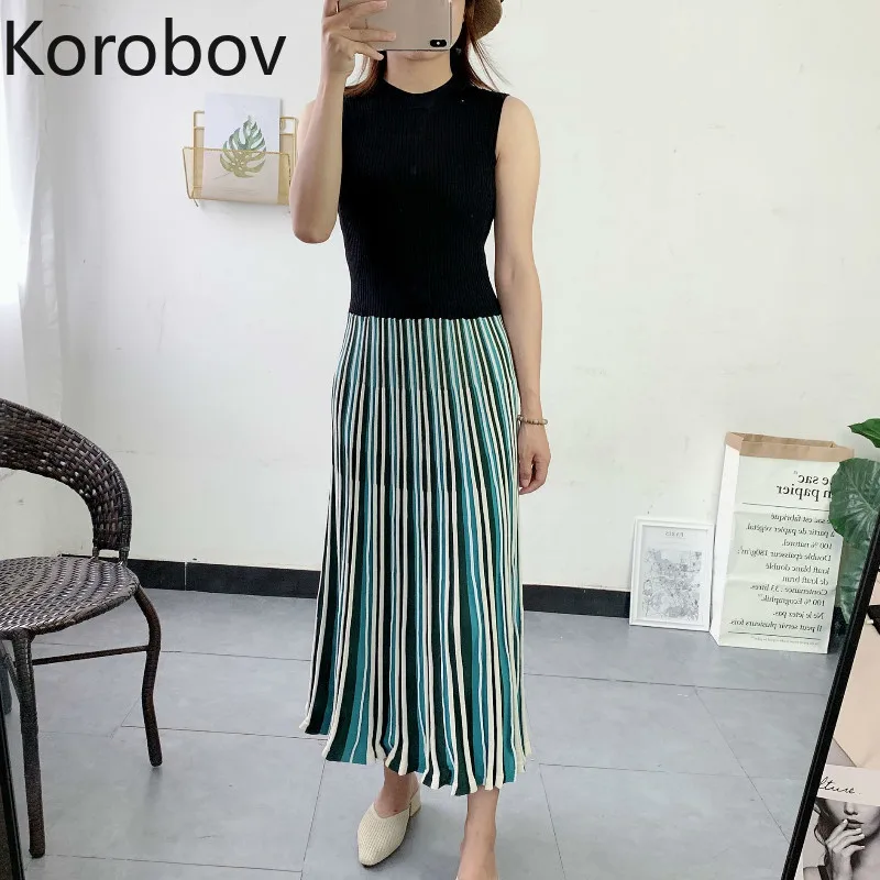 

Korobov Women Tank Knitted Patchwork Dress Elegant Party Night Long A Line Dresses Korean Vintage Striped Pleated Vestidos 78292