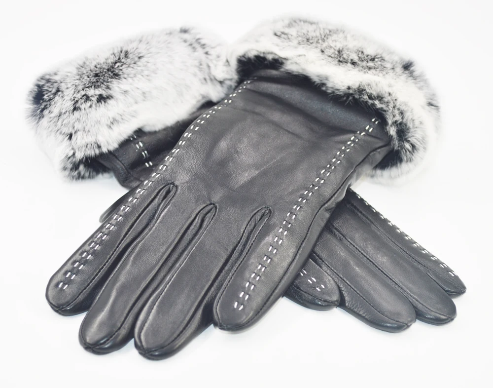 Real Rex Rabbit fur Leather Gloves Women Black Sheepskin Genuine Leather Gloves Winter Warm Soft Sheepskin Leather Gloves