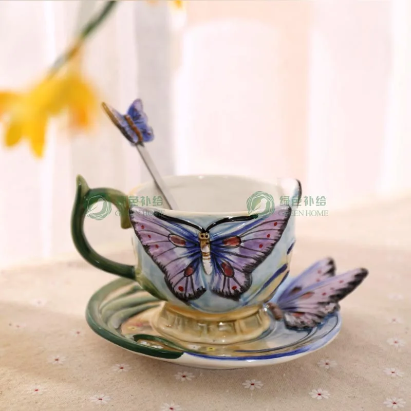 

European Style Ceramic Hand-painted Butterfly Coffee Cup 3D Colored Enamel Porcelain Mug with Saucer and Teaspoon