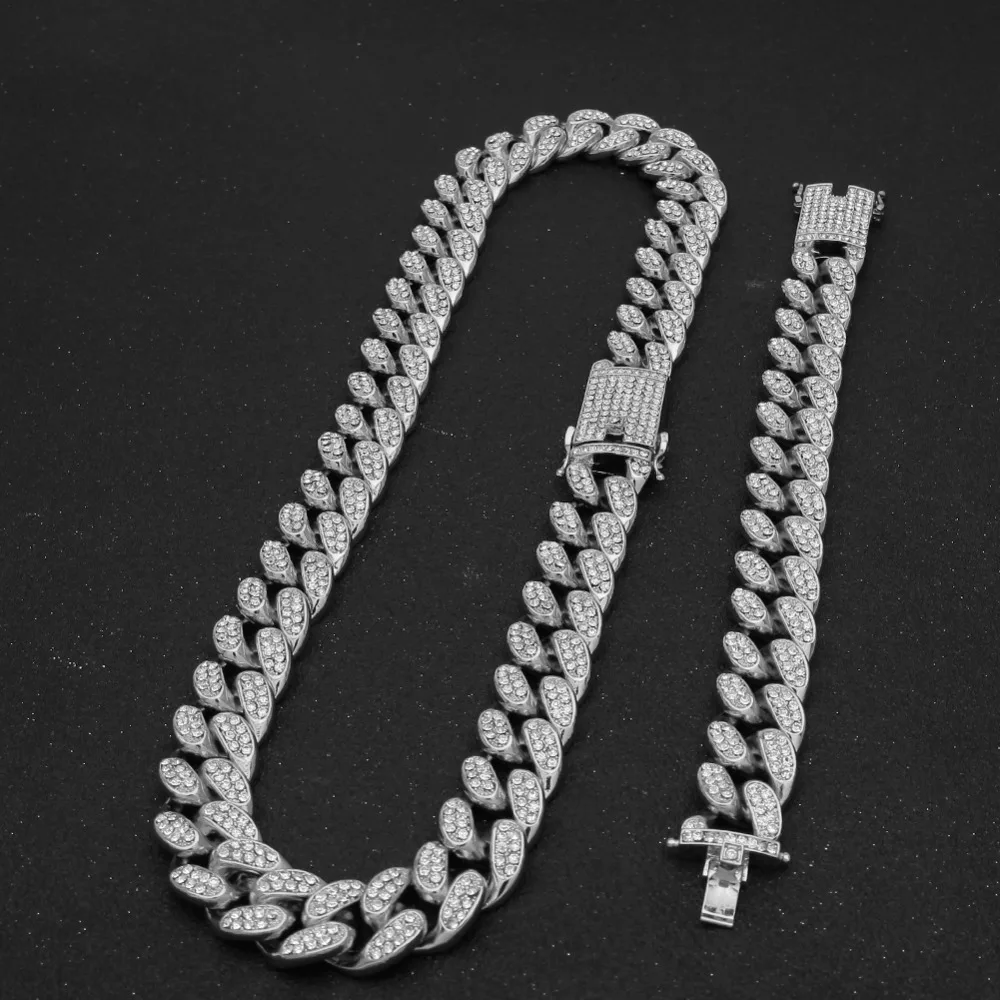 2cm HipHop Gold Color Iced Out Crystal Miami Cuban Chain Gold silver color Necklace & Bracelet Set HOT SELLING THE HIPHOP KING 2cm HipHop Gold Color Iced Out Crystal Miami Cuban Chain Gold silver color Necklace & Bracelet Set HOT SELLING THE HIPHOP KING