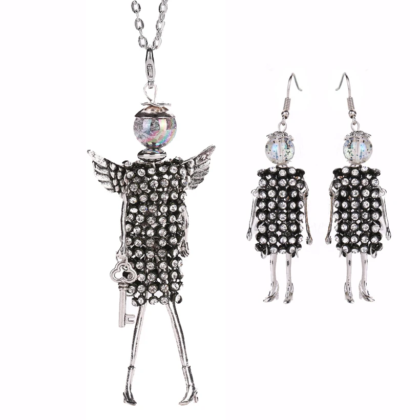 

YLWHJJ new women Rhinestone doll pendant cute necklace girl earring crystal fashion statement necklace and earring Jewelry Sets
