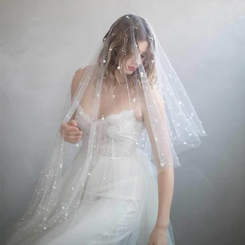 

2019 Woman Wedding Veil Pearl Beaded One layer Elbow Length With Comb Soft Tulle Bridal Veil Wedding Party Gifts