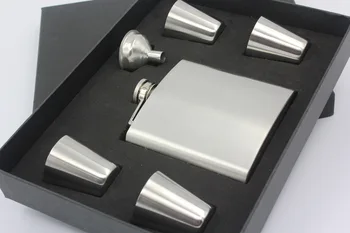 

Matt black 6oz hip flask gift set with 4 cups and one funnel in black gift box