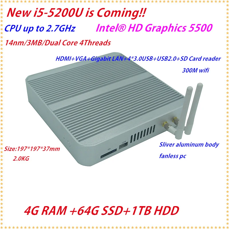 

2016 New 12V Low Power PC Fanless Computers Aluminum Case i5-5200U CPU 4G RAM 64G SSD +1TB HDD HDMI COM 4K