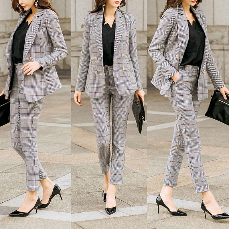 New Female High quality business attire Blazers Suit Plaid Women Pants Suits 2 Two Piece Sets Long Slim Jacket & Pants New Female High quality business attire Blazers Suit Plaid Women Pants Suits 2 Two Piece Sets Long Slim Jacket & Pants