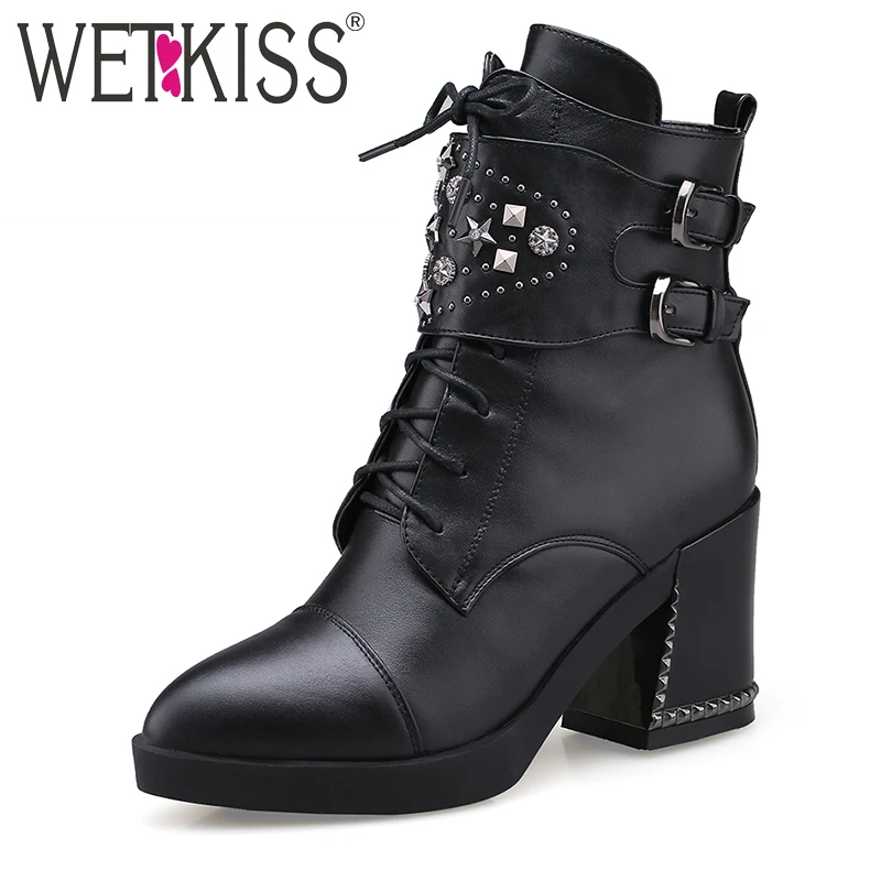

WETKISS Genuine Leather+pu Vintage Rivet Women Boots Motorcycle Buckle Strap Zip Female Winter Boots Thick High Heel Shoes Woman