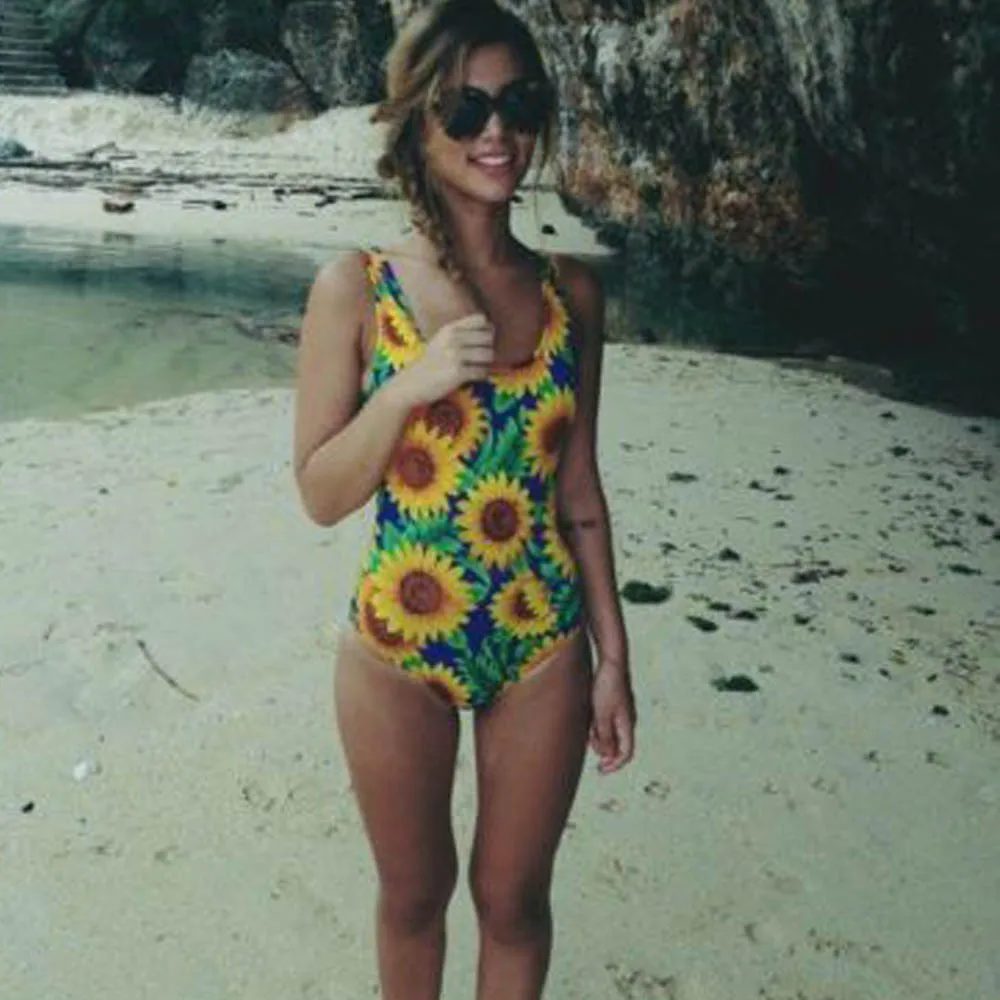 

DIY Long Strap Wrap Around 2019 Women Swimwear One Piece Swimsuit Female Bather Sunflower Print Tropical Bathing Suit Swim Lady
