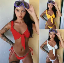 Solid color Frill bikini Set Women Sexy side Tie Swimwear Female Front Tie Swimsuit Dropship Beachwear Jump Suit Summer 2019 floral tie side tassel bikini set