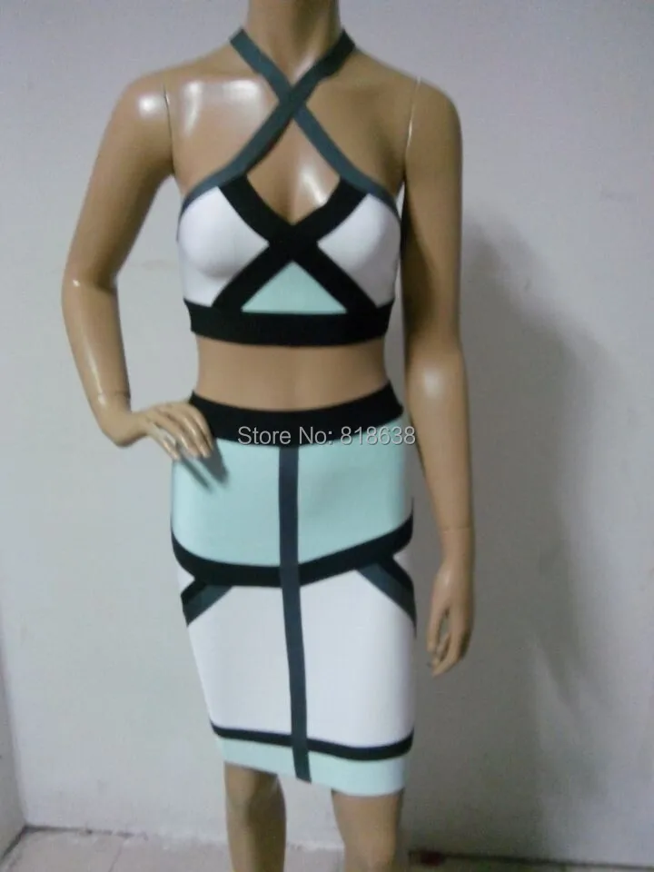 

high quality white and aqua cross over 2 piece bandage dress 2014 new arrival party HL3125 Dress + suit
