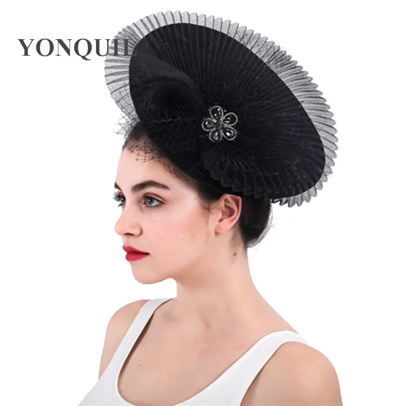 

Women imitation Sinamay Fascinator Hats Black Kentucky Derby Wedding Cocktail Church clips gril birdcage veils Modern Headwear