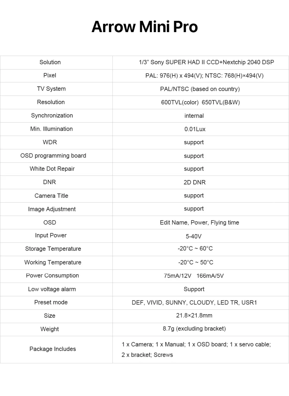 Foxeer Arrow Mini Pro 1,8 мм/2,5 мм 650TVL WDR FPV камера Встроенная OSD с кронштейном NTSC/PAL для FPV гоночного дрона