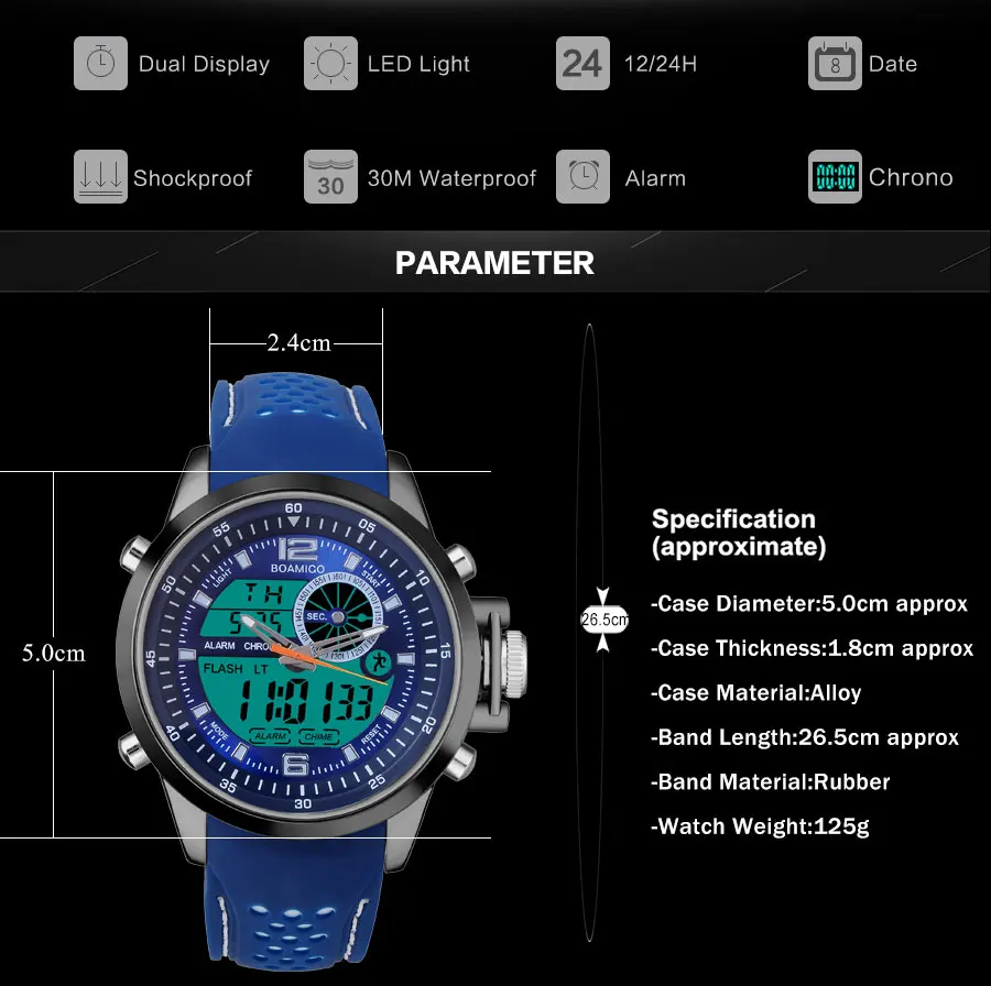 Спорт BOAMIGO бренд Для мужчин спортивные часы военные кварцевые часы Аналоговые цифровой светодиодный часы 30 м Водонепроницаемый наручные часы Relogio Masculino