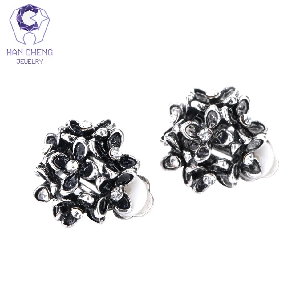 

HanCheng New Gem Stone Rhinestone Metal Clover Vintage Clip Earrings For Women Jewelry Antique Silver Plated brincos bijoux
