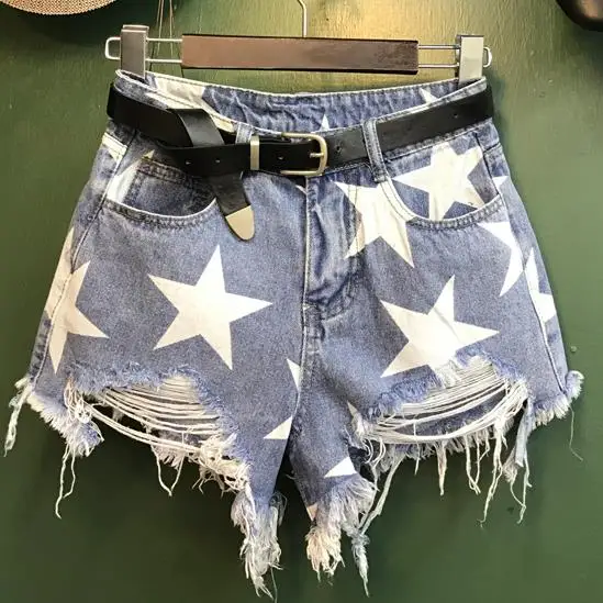 Star Appliques Blue Denim Shorts Casual Ripped Hole Women wide leg