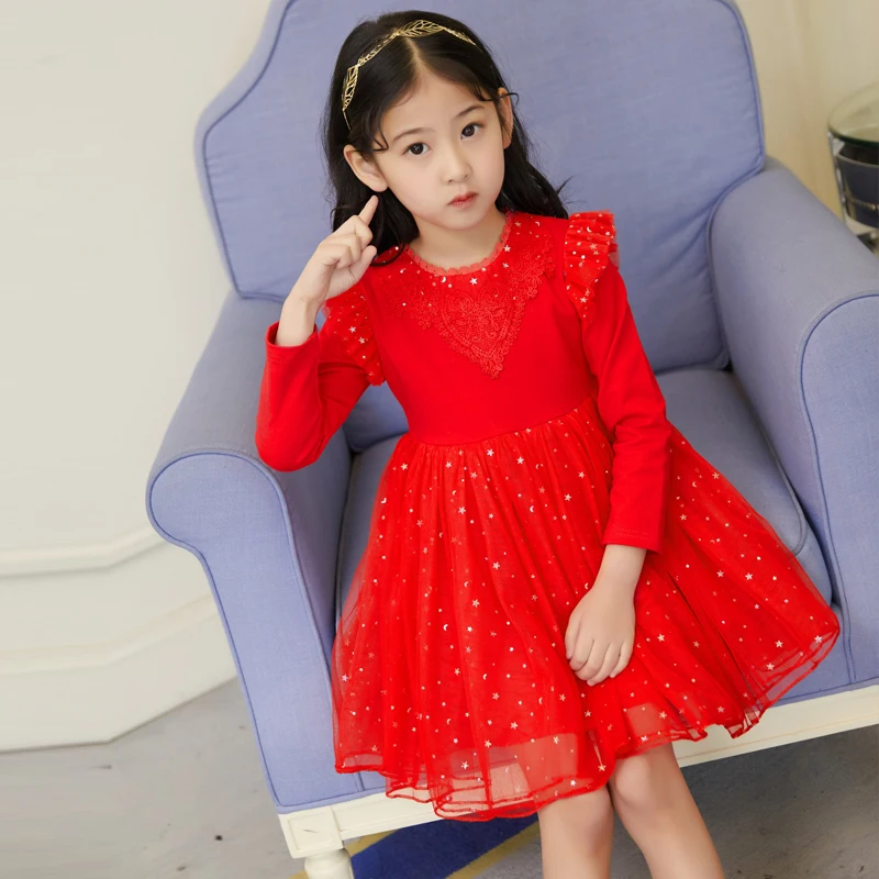 

Spring Girls Dress Clothes Star Pattern Wedding Princess Children Party Vestido Cloth Long Sleeve Knee Length Kids Dress 4-10Y
