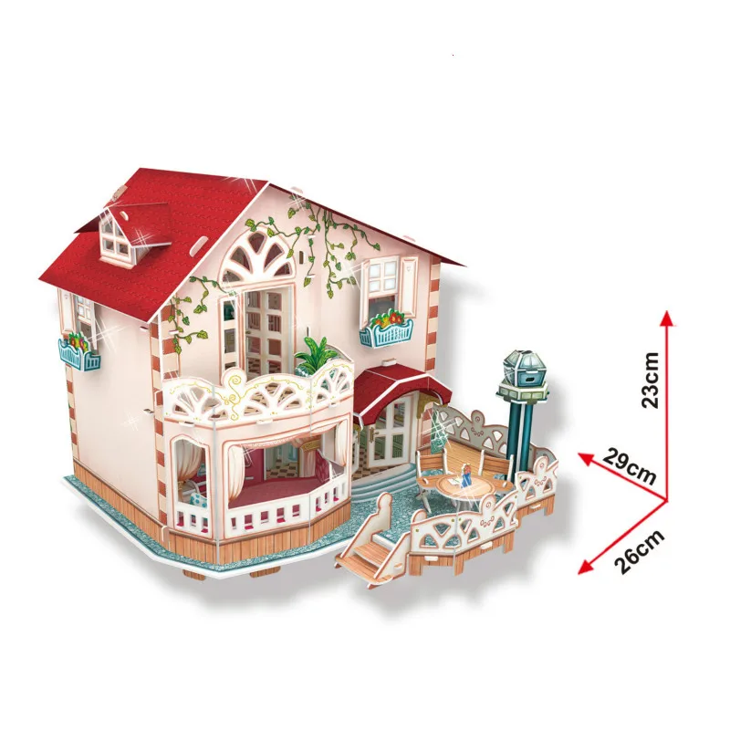 

DIY Creative Building Paper Puzzle Vacation Home Rural Villa Doll House Toy 3D Model Boy Girls Blocks Toys with LED Lighting
