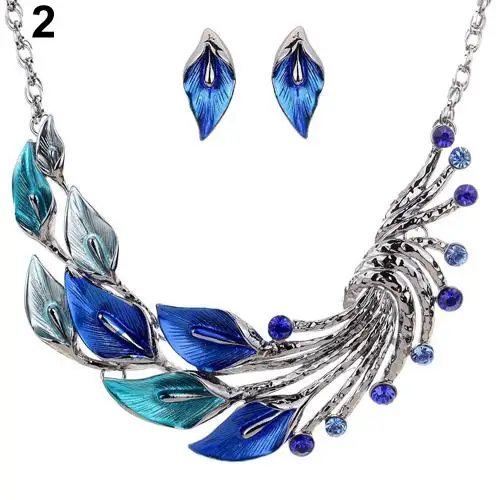 

Hot Retro Tibetan Leaf Peacock Crystal Rhinestone Drop Earrings Short Necklace Set New
