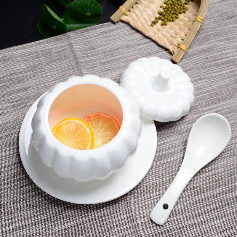 350ml white porcelain soup bowl with spoon ceramic cup saucer egg bowl with lid pumpkin bowlin