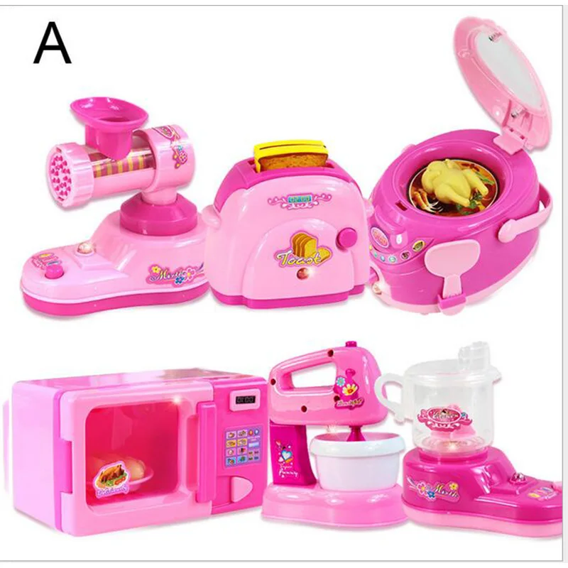 

6PCS Pink Pretend Play Household Appliance Kitchen Toys Gifts for Kids Microwave Oven Juicemaker Blender Toast Rice Cooker