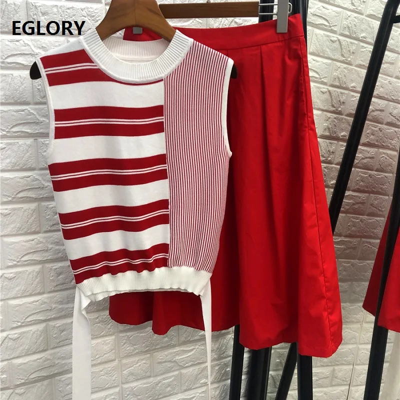 Высококачественный свитер, юбка, костюмы 2019, Осенний Модный женский вязаный свитер в полоску с принтом + зеленая красная юбка-трапеция до