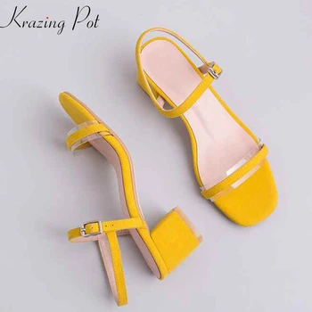

Krazing Pot natural leather candy color peep toe handmade solid color fashion square med heels preppy style women sandals L8f1