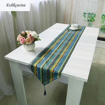 

Free Shipping Green National Style Table Runner Linen Cotton Corredor De Mesa Tafelloper Met Kwastje Caminos Tafel Loper Chemin