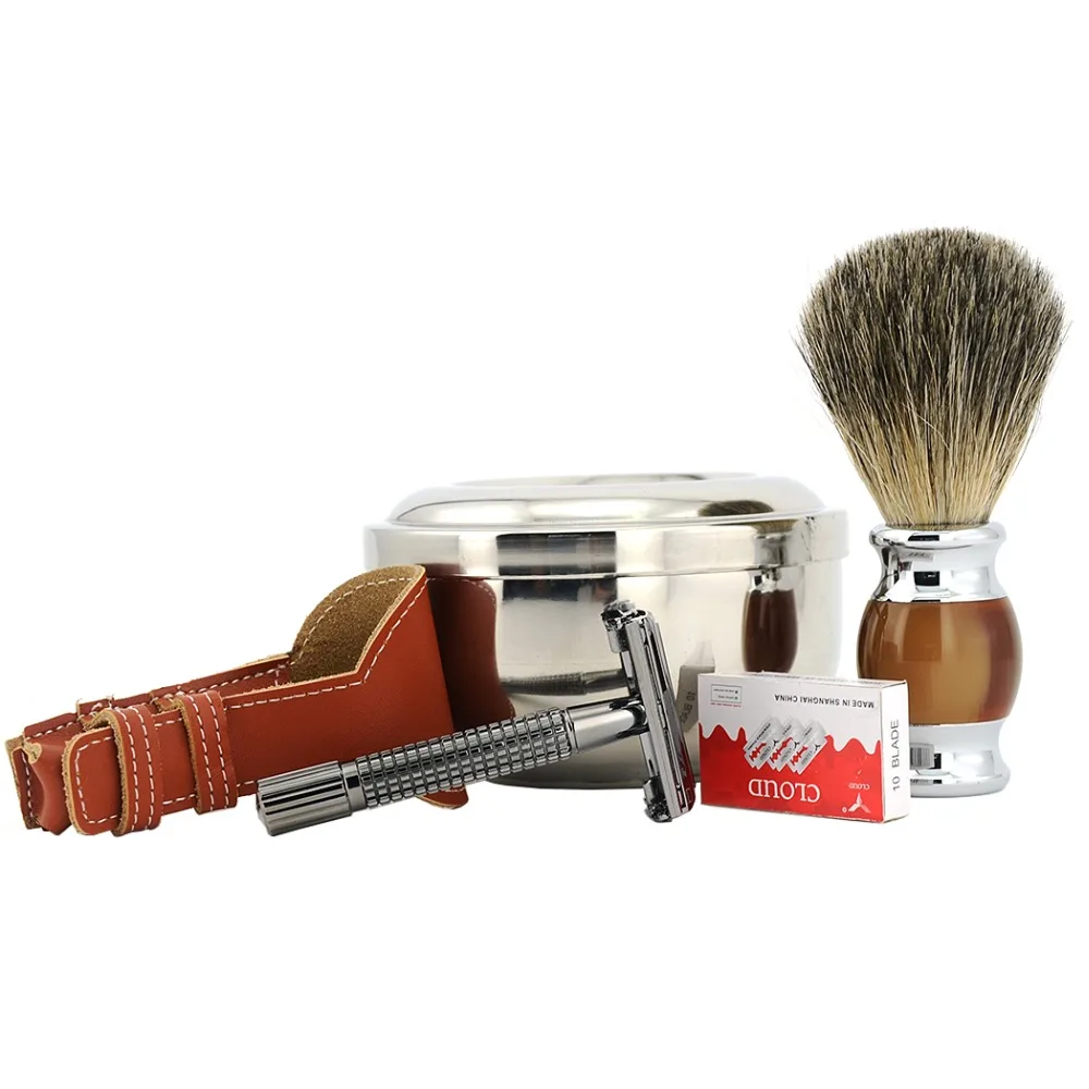 

ZY 5pcs Butterfly Open Shaving Razor Double Edge Safety Razor +Leather Case Holder+Shaving Bowl With Lid +Badger Shaving Brush