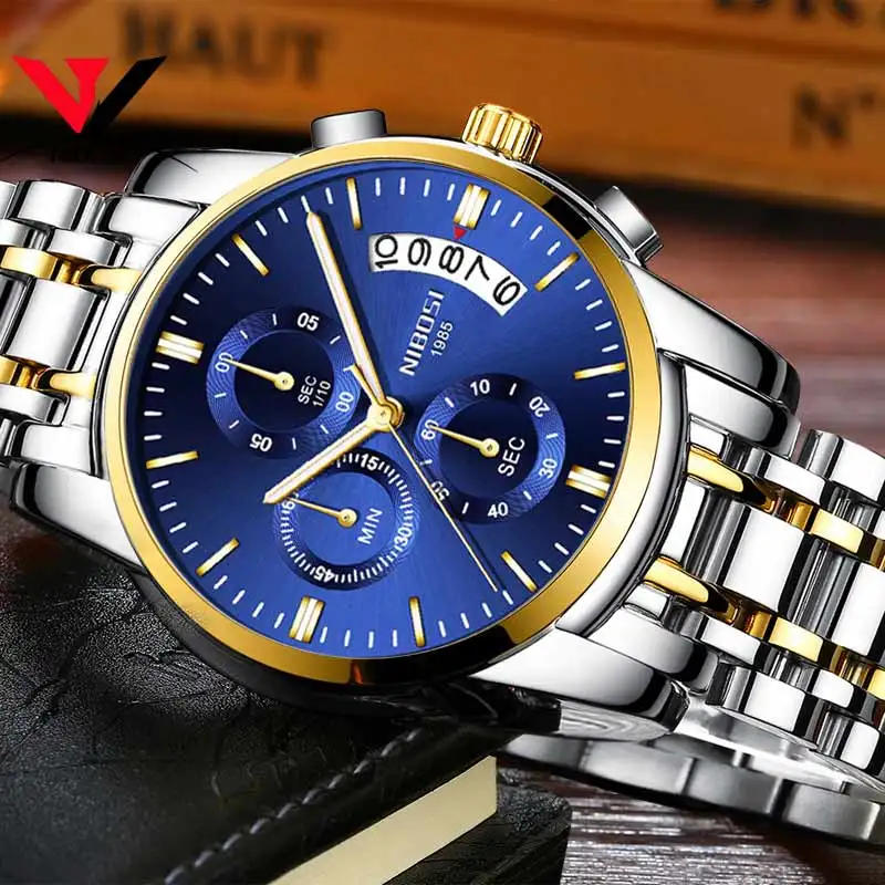 NIBOSI Mens Watches Luxury Brand Military Sport Gold Watch Men Business Wristwatch Chronograph Quar
