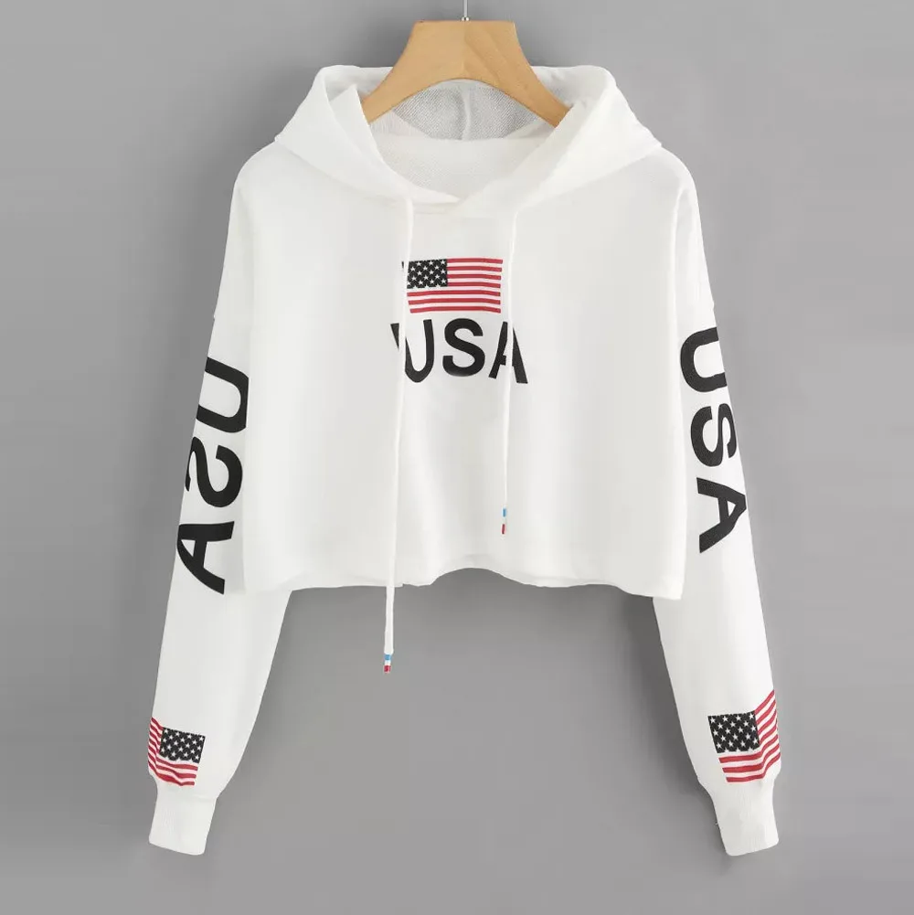 

Feitong Woman Hoodie Crop Top USA Flag Print Harajuku Dancer Streetwear Cropped Hoodie Woman Clothes Sudadera Mujer #410