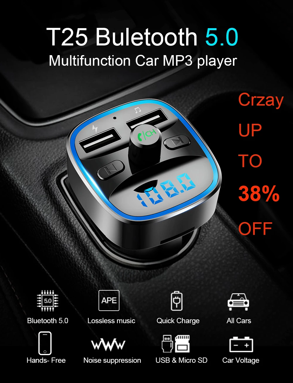 

Siparnuo Bluetooth FM Transmitters FM Modulator Bluetooth Transmitter Car Hand Free Transmisor Bluetooth QC3.0 2 USB Car MP3 T25