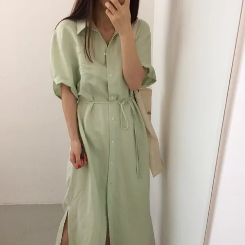 

New Women dress Single Breastedlt Turn-down Collar Collect Waist Long Type Split In Dresses White Green Blue Apricot 6622