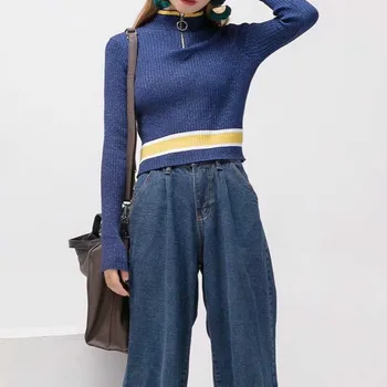 

New Streetwear Women's Short Sweaters Slim Turtleneck Autumn Winter Zipper Female Party Pullover Striped Knitted Tops High End