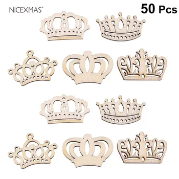 

50pcs Cartoon Hollow out Crown Shape Wooden Pieces Cutouts Craft Embellishments Wood Ornament Manual Accessories for DIY Art