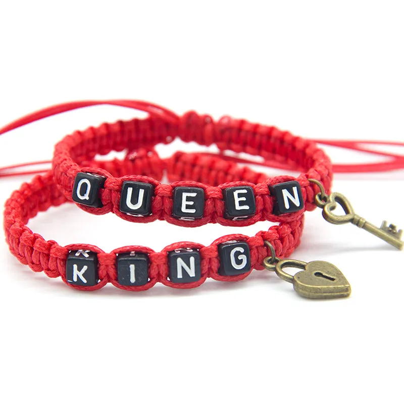 2 шт./пара искусственный пара Браслеты с блестящим красным Beadeds King queen с замком веревки цепи для влюбленных парень девушка подарки