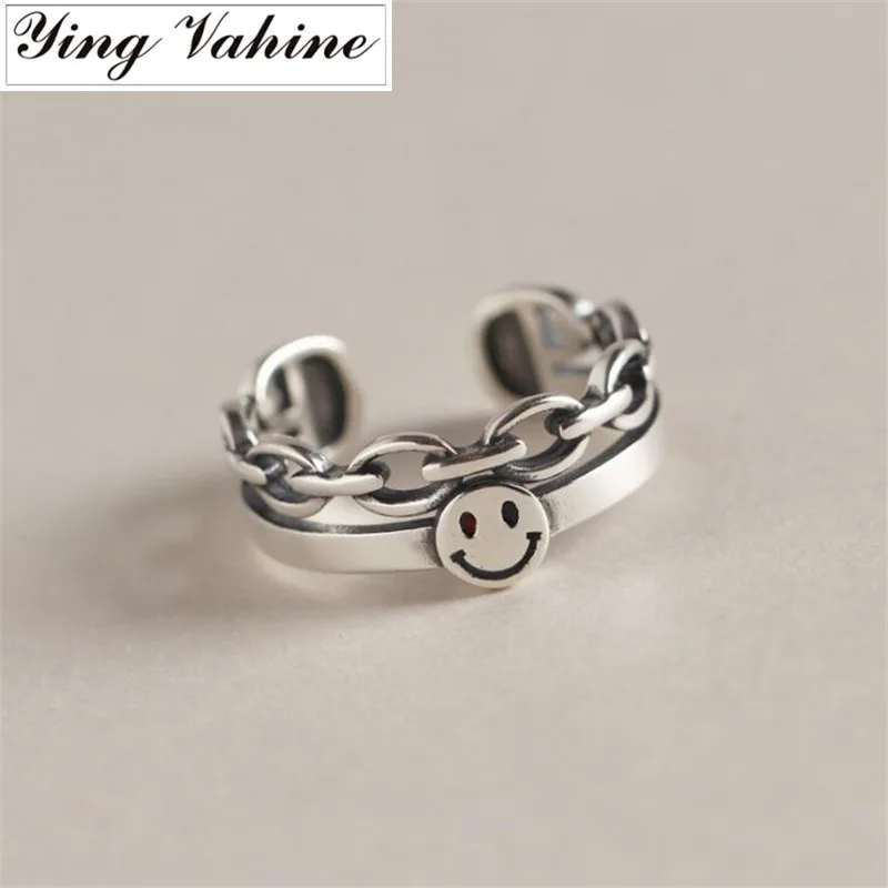 

ying Vahine Korean Style Jewelry 925 Sterling Silver Double Layer Smiling Face & Chain Open Rings for Women anillos mujer