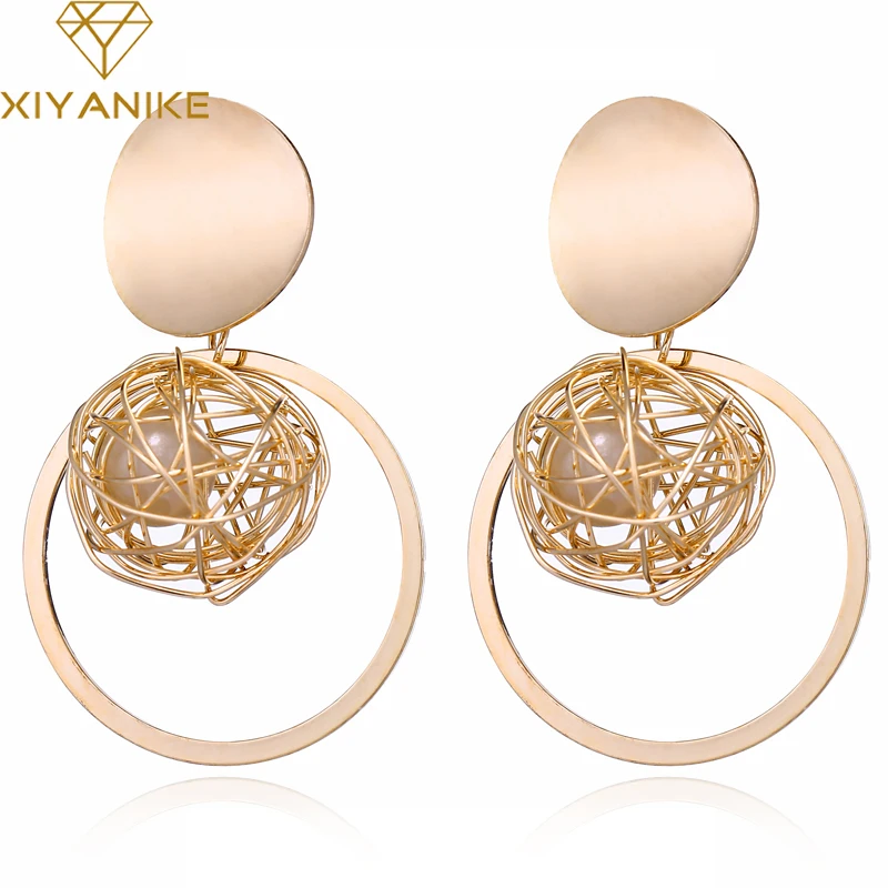 

XIYANIKE Fashion Gold Color Geometric Circle Drop Earring Imitation Pearls Wire Ball Earring for Women Brincos Oorbellen E294