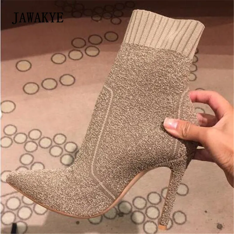 

Jawakye Stretch Knitted Sock Booties Woman Pointed Toe Thin High Heels Ankle Boots For Women Shoes