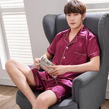 BZEL/шелковые атласные пижамные комплекты с короткими рукавами+ короткие штаны, одежда для сна, летняя мужская пижама с отложным воротником, пижамы для отдыха, L-3XL