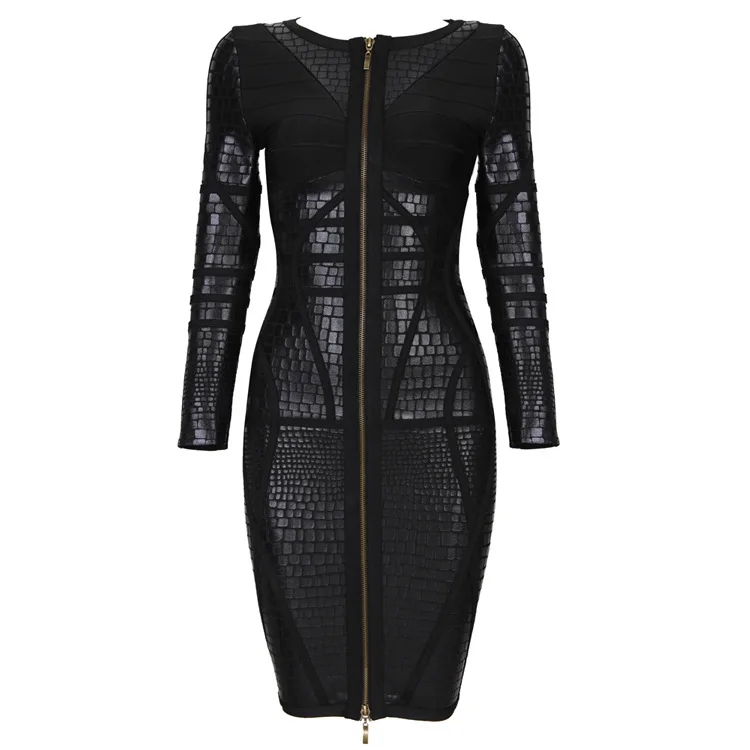 

high quality 2018 front zip pu crocodile leather long sleeve black autumn and winter knitted 2018 bandage dress