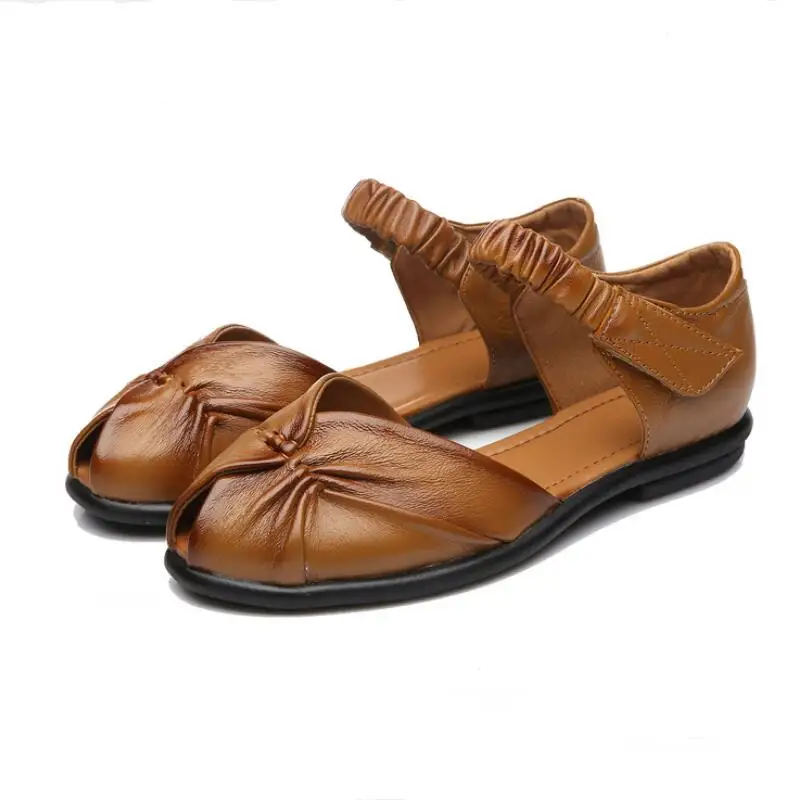 

2019 New Fashion Sandals Breathable Genuine Leather Shoes Woman Fish Mouth Flat Shoes Casual Women Sandals