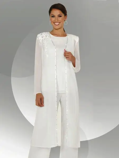 White Chiffon Long Sleeves Mother of the Bride Pant Suits With Long ...