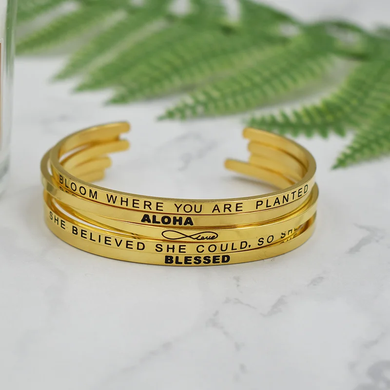 1PC Gold Stainless Steel Positive Inspirational Bracelet Engraved Quote