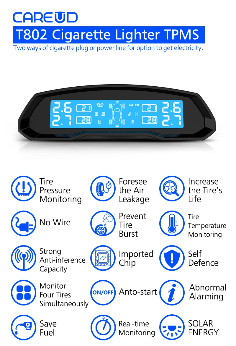 Система контроля давления в шинах на солнечной батарее TPMS, беспроводной ЖК-дисплей, 4 внутренних датчика, охранная сигнализация в режиме реального времени