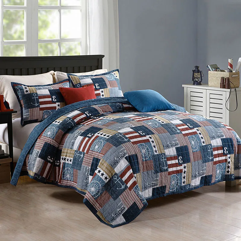 

Cotton Bedspread Quilt Set Vintage Printed Europe Coverlet 3 piece Quilts Bed Covers Queen Size Soft 4 pcs Duvet Cover Set Blue