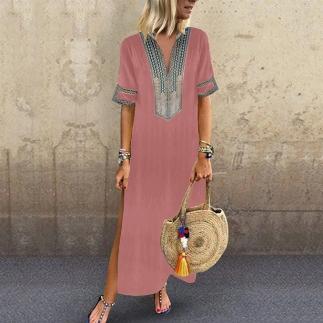 

2019 Summer Women Long Maxi Dress Folk Print V-Neck Short Sleeve Loose Dress Plus Size Split Boho Beach Party Club Dress Vestido