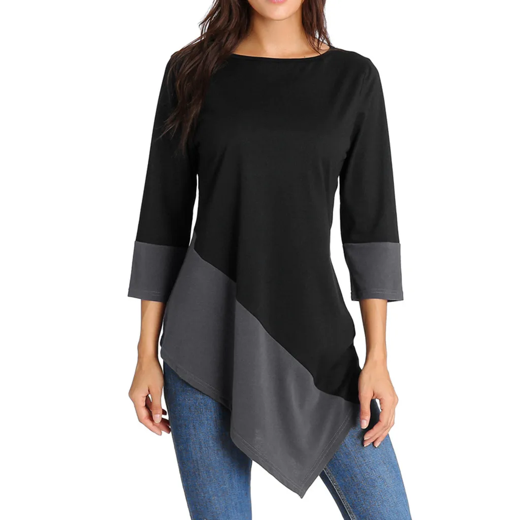 

Women Three Quarter Sleeve Patchwork Color Blouse Ladies Casual Tunic Loose Tops Autumn Blouses blusas mujer de moda 2018