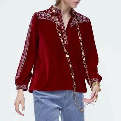 Za осень Для женщин foral embroideried бархатный блузки Свободный пуловер chic Ретро бархатная рубашка пуловеры Для женщин s Camisa Blusas блузка