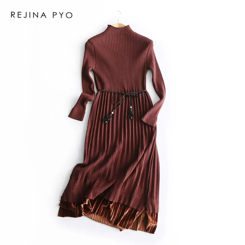 REJINAPYO Women Elegant Half Turtleneck Knit Mid-calf Length Pleated Dress High Waist with Sashes One Size High Quality Vestidos