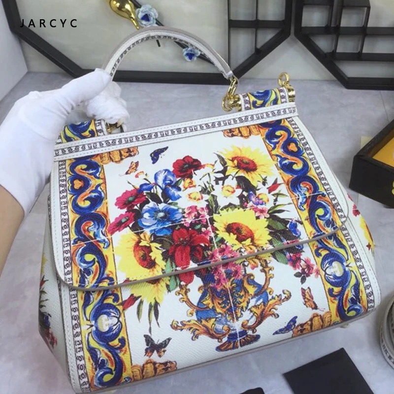 

Luxury Italy Brand Ethnic Flower Print Bag High Quality Leather Lady Handbag Women's Colorful Shoulder Bag Original Quality Sac