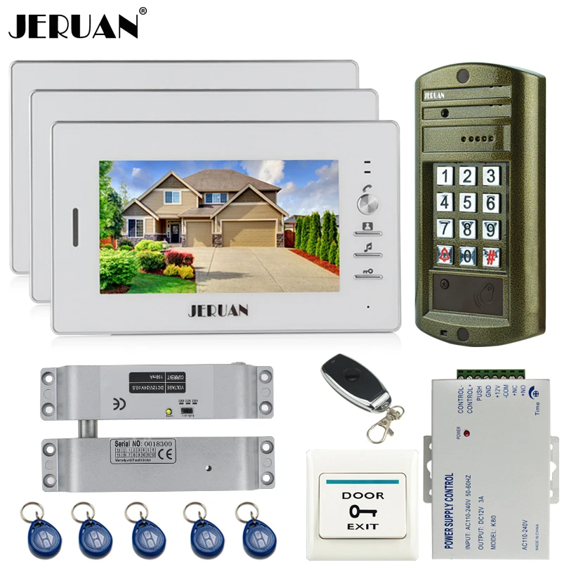 

Home Wired 7`` Video Door Phone Intercom System kit 3 Monitor + Metal panel Waterproof Access Password keypad HD Mini Camera